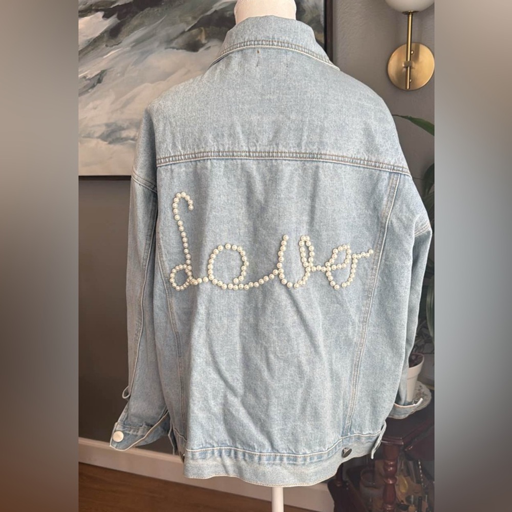 POL Clothing Oversized Denim Jacket Pearl "Love" Embellished Light Wash small